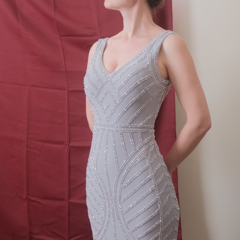 Aqua Embellished Column Gown in Grey/Silver